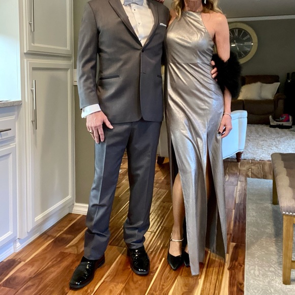 Halston Silver Faux Suede Metallic High Slit Formal - Picture 4 of 6